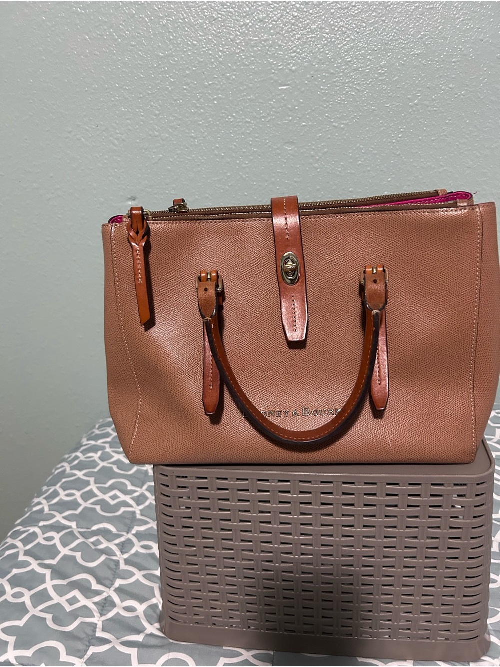Dooney & Bourke Tan Pebbled Satchel with Pink Interior and Brown Handles - Picture 2 of 6